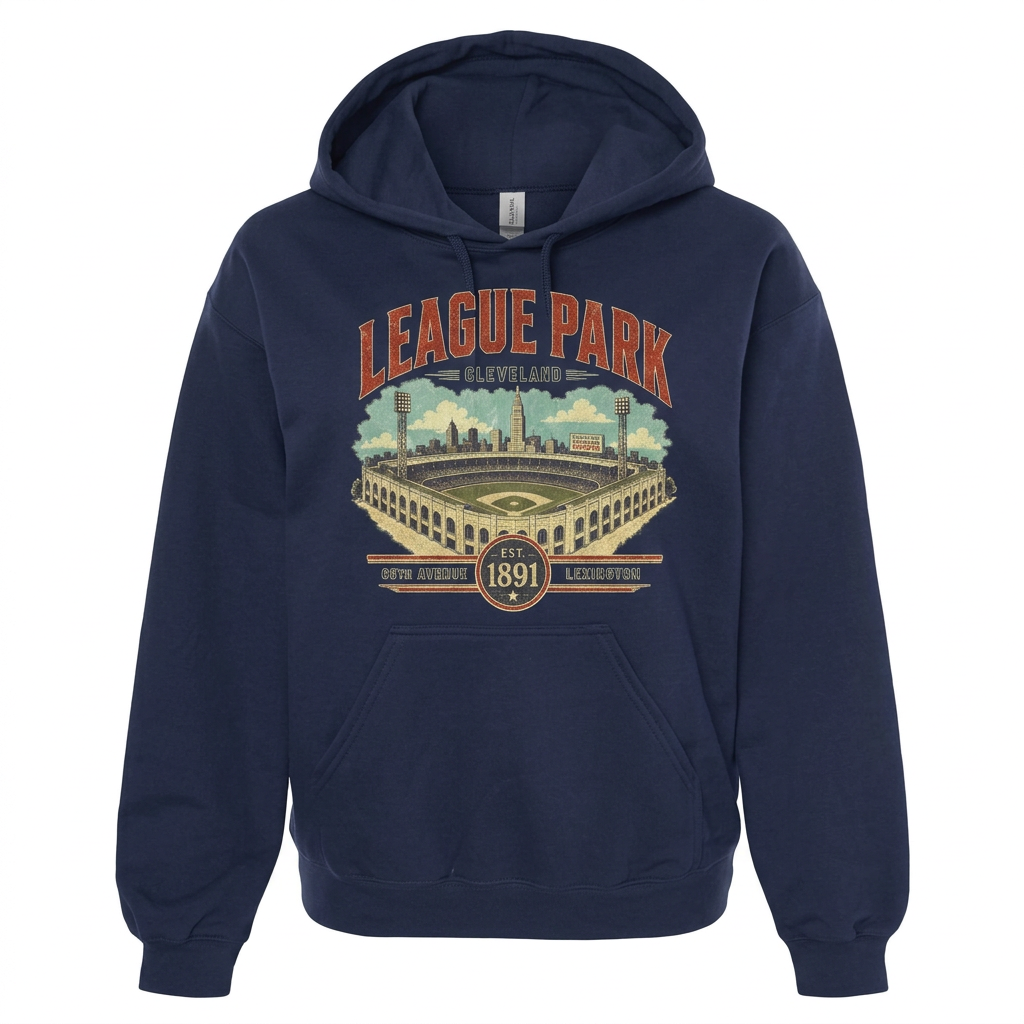 League Park retro Cleveland baseball design above pocket on navy hoodie