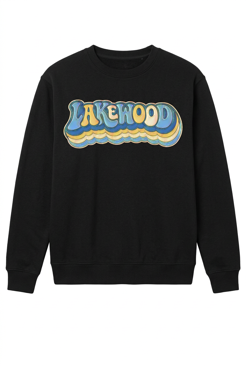Lakewood Vibe on black crew sweatshirt