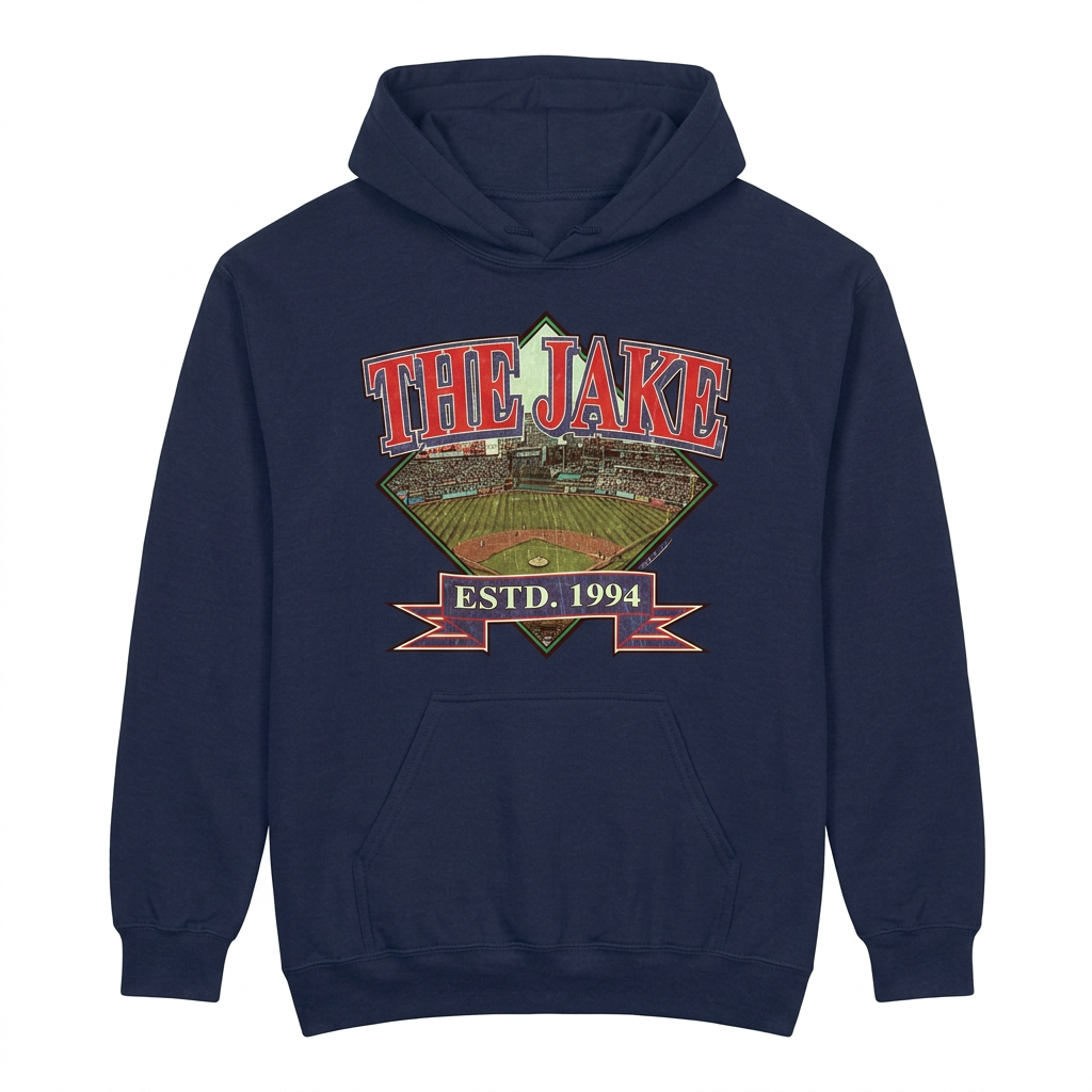 The Jake Cleveland baseball design on navy hoodie