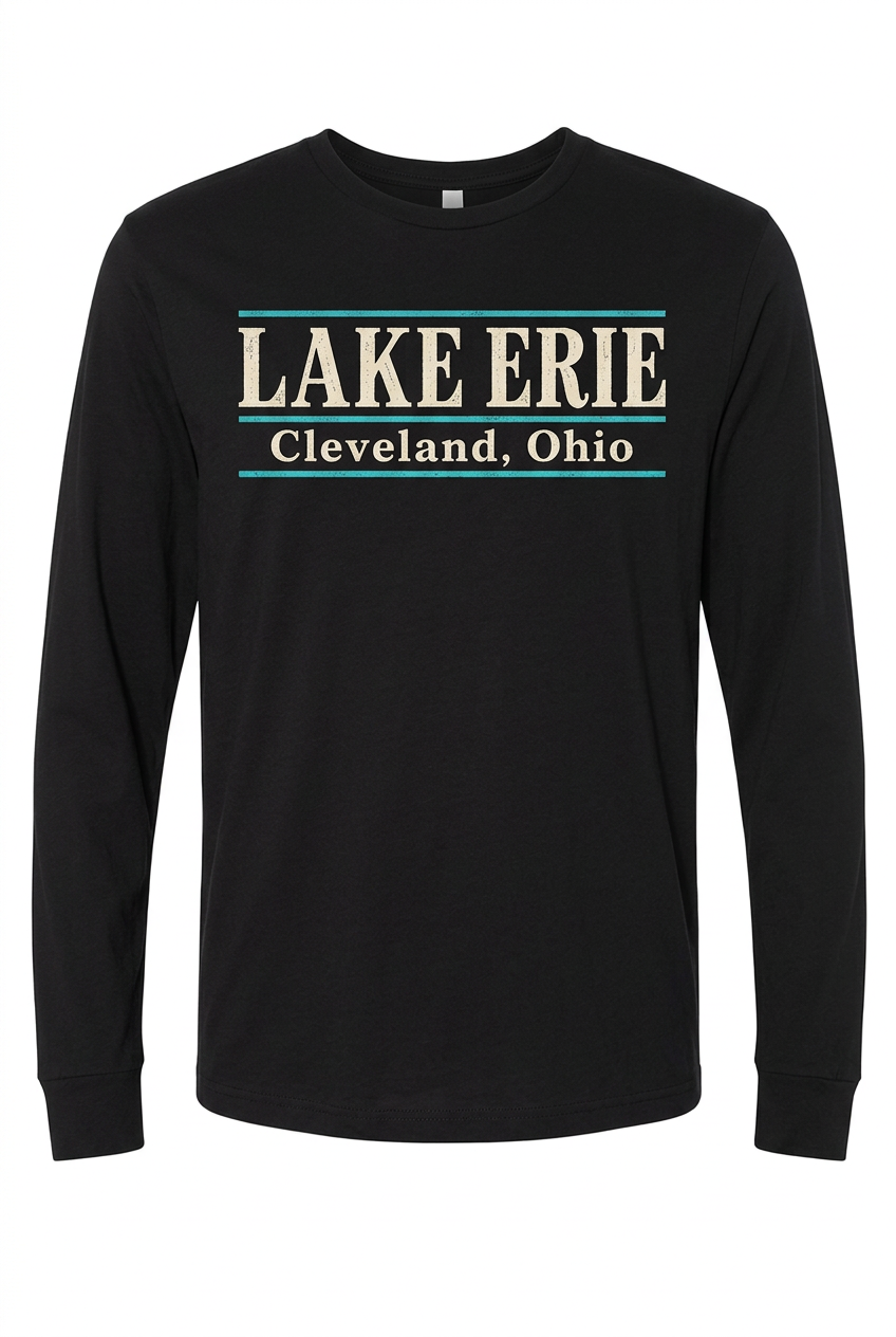 Lake Erie Lettering on black long sleeve T-shirt