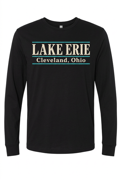 Lake Erie Lettering on black long sleeve T-shirt