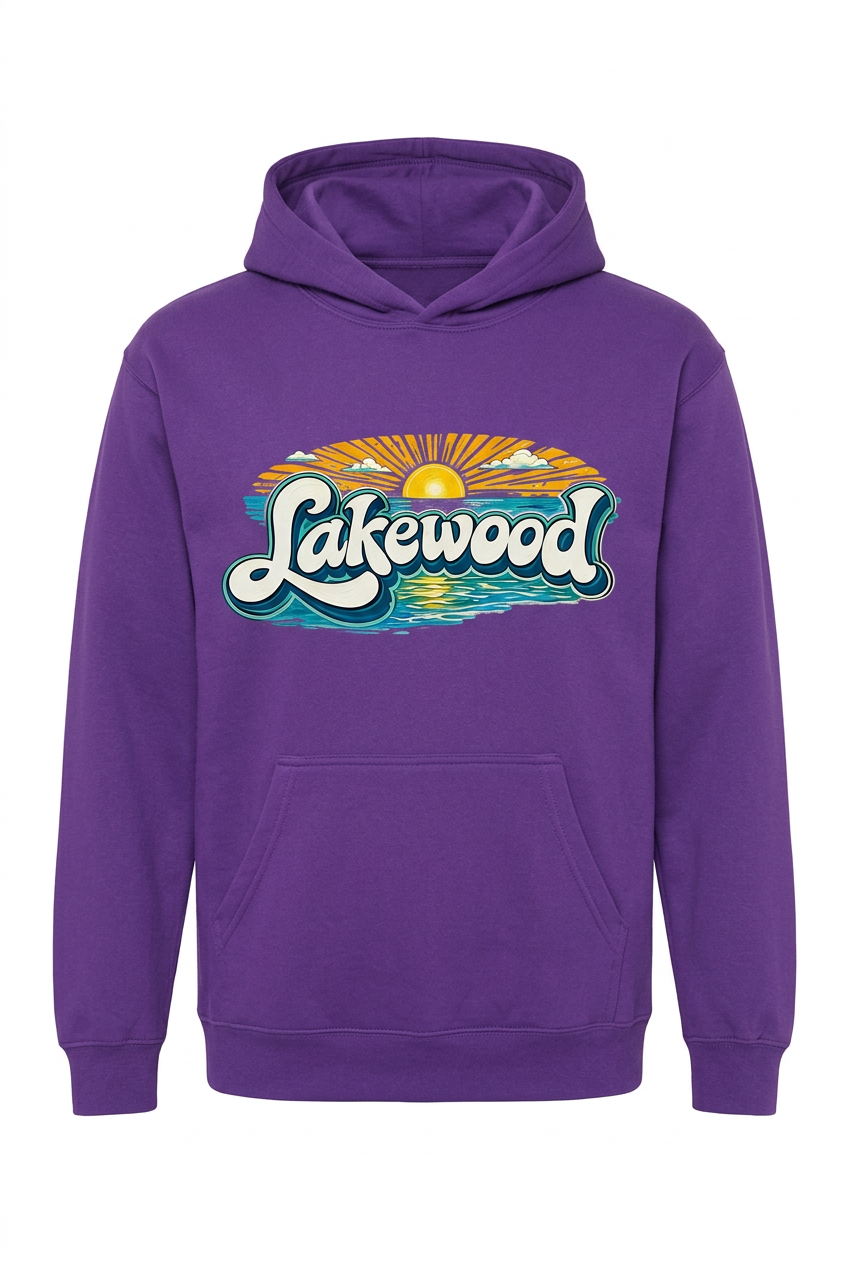 Lakewood Sunset on purple hoodie