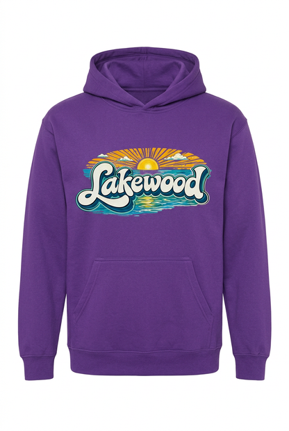Lakewood Sunset on purple hoodie