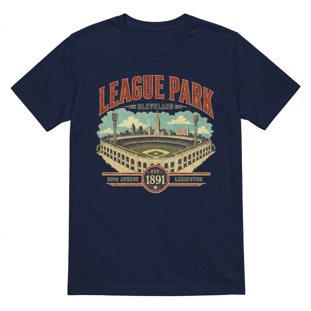 League Park retro Cleveland baseball design on men's navy tee