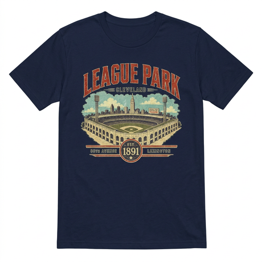 League Park retro Cleveland baseball design on men's navy tee