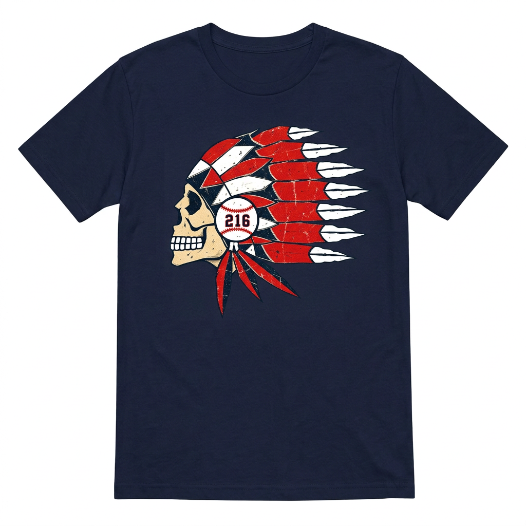 Cleveland 216 baseball skull design on men's navy tee