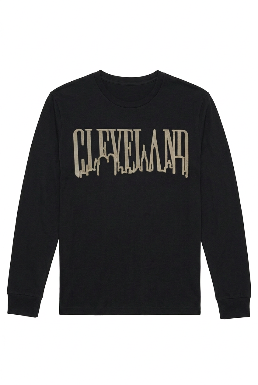 Black unisex long-sleeve T-shirt with taupe Cleveland Jagged Skyline lettering.