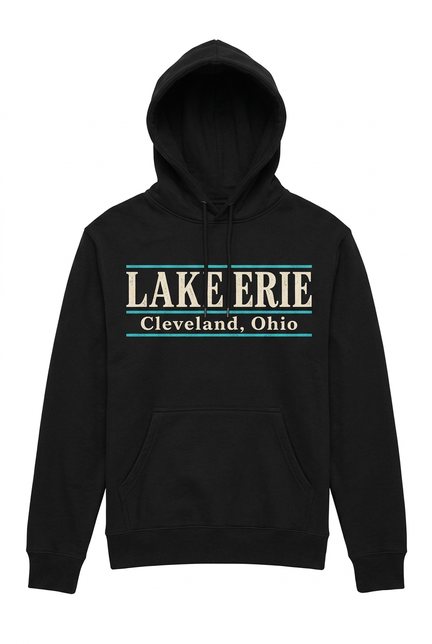 Lake Erie Lettering on black hoodie