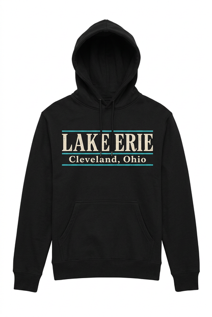 Lake Erie Lettering on black hoodie