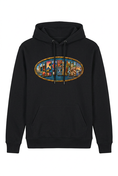 Black pullover hoodie with Cleveland oval chest design.