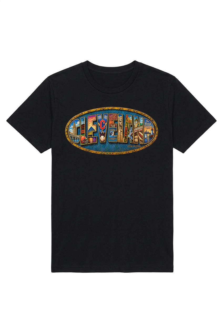 Black unisex short-sleeve T-shirt with Cleveland blue-and-gold oval chest design.