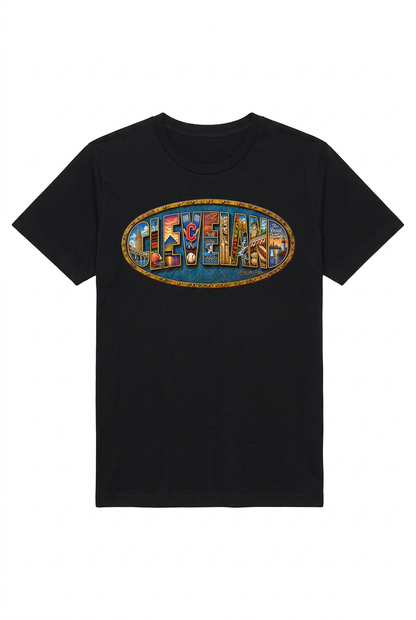 Black unisex short-sleeve T-shirt with Cleveland blue-and-gold oval chest design.
