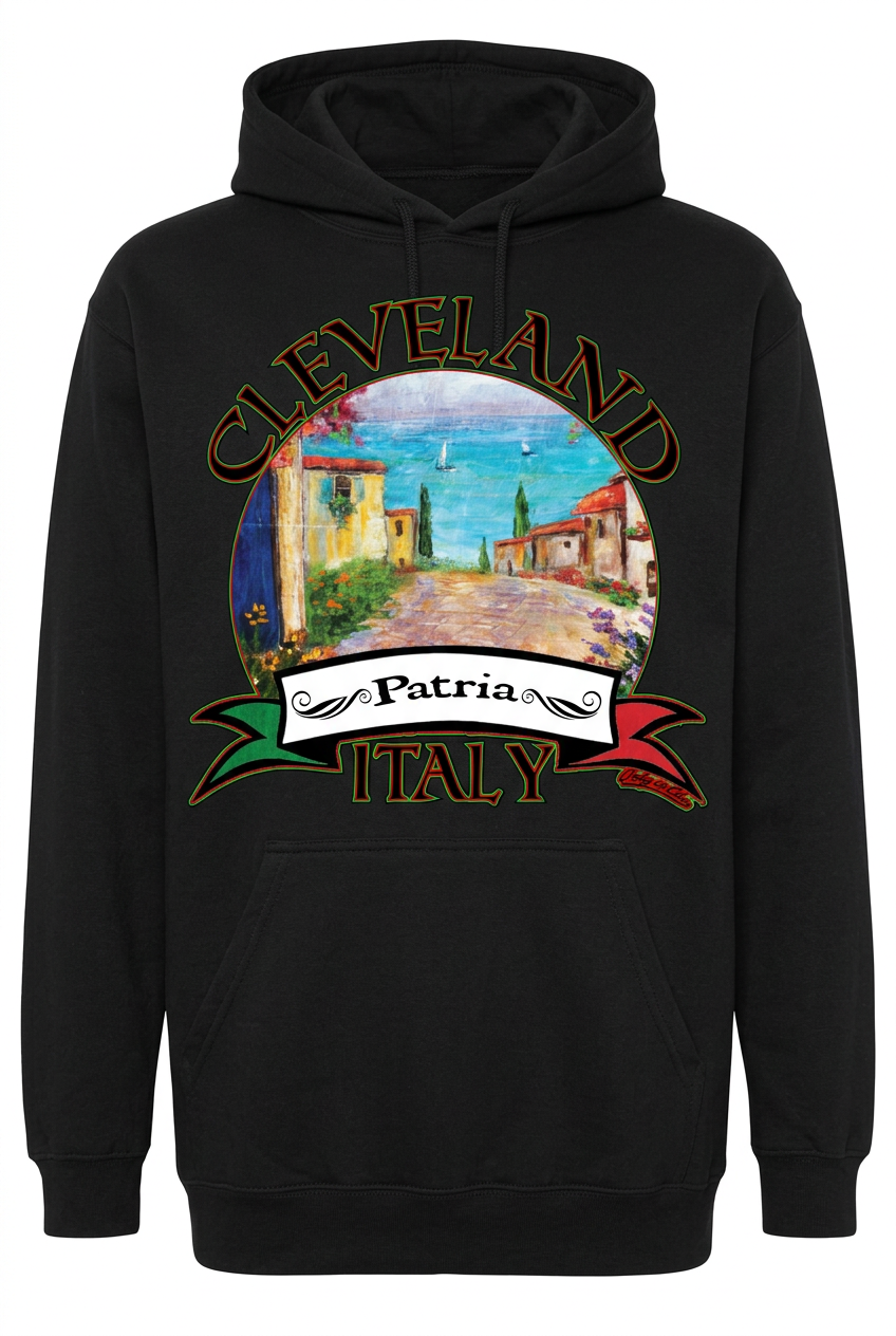 Cleveland Patria Italy design on a black pullover hoodie