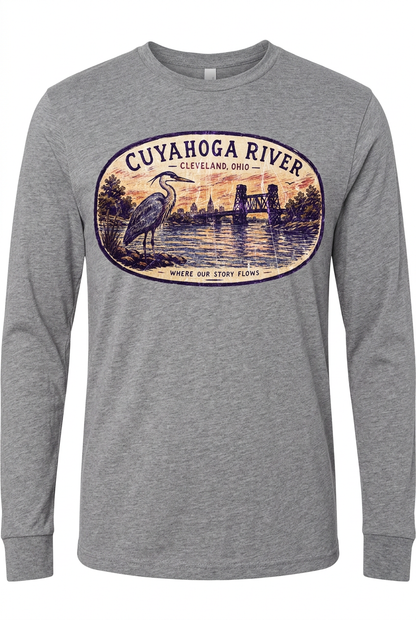 Cuyahoga River on gray long sleeve T-shirt