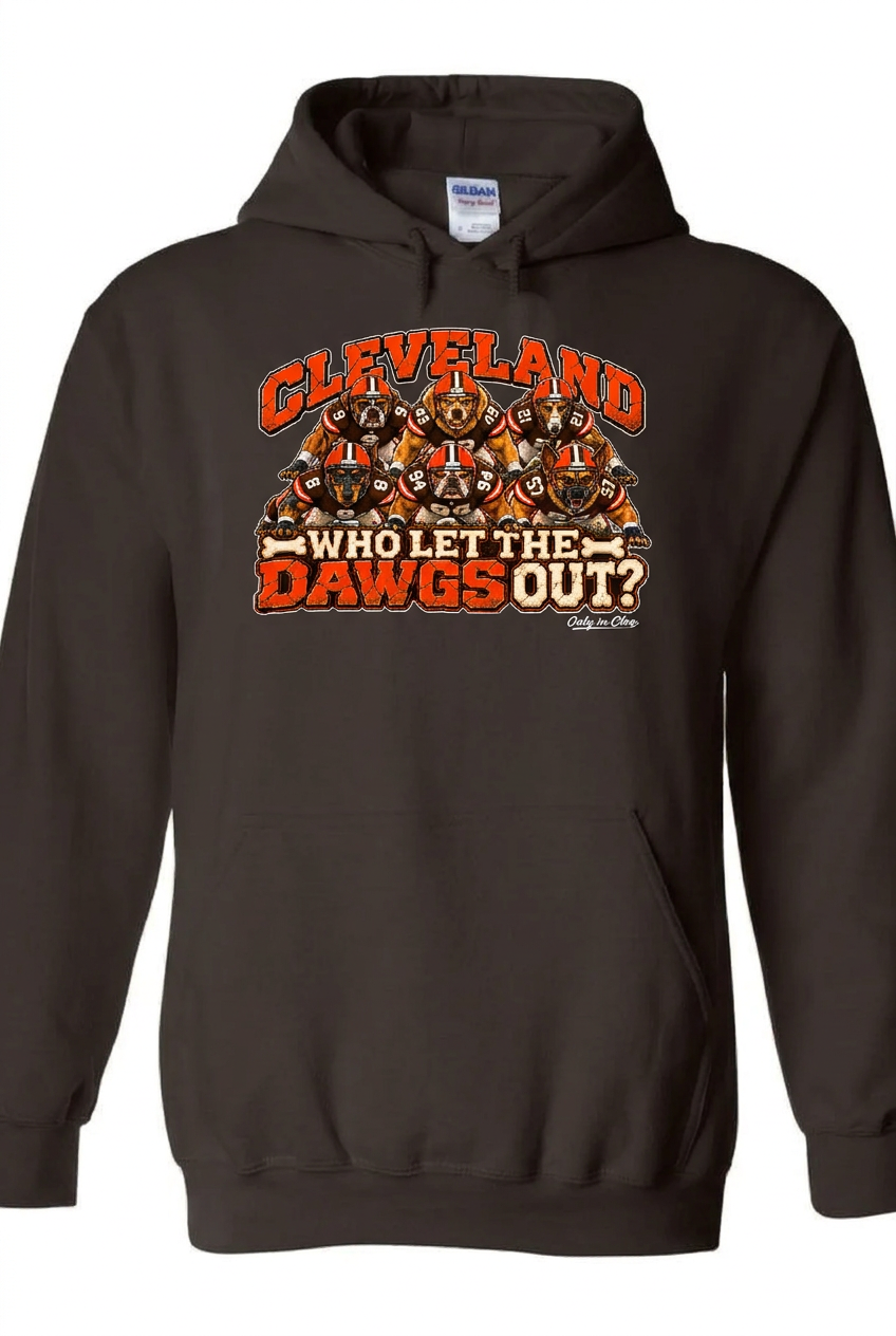 Who Let the Dawgs Out design on brown hoodie