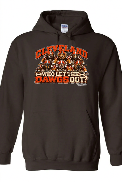Who Let the Dawgs Out design on brown hoodie
