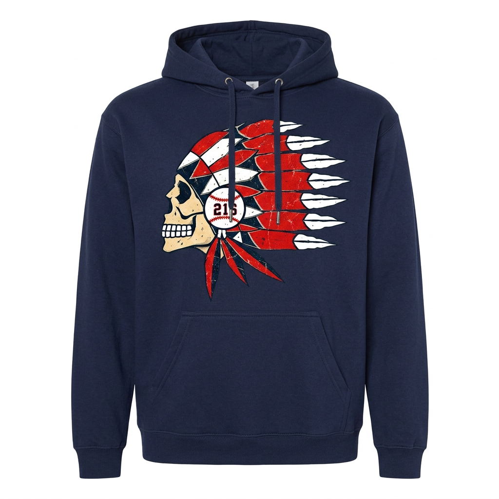 Cleveland 216 baseball skull design above pocket on navy hoodie