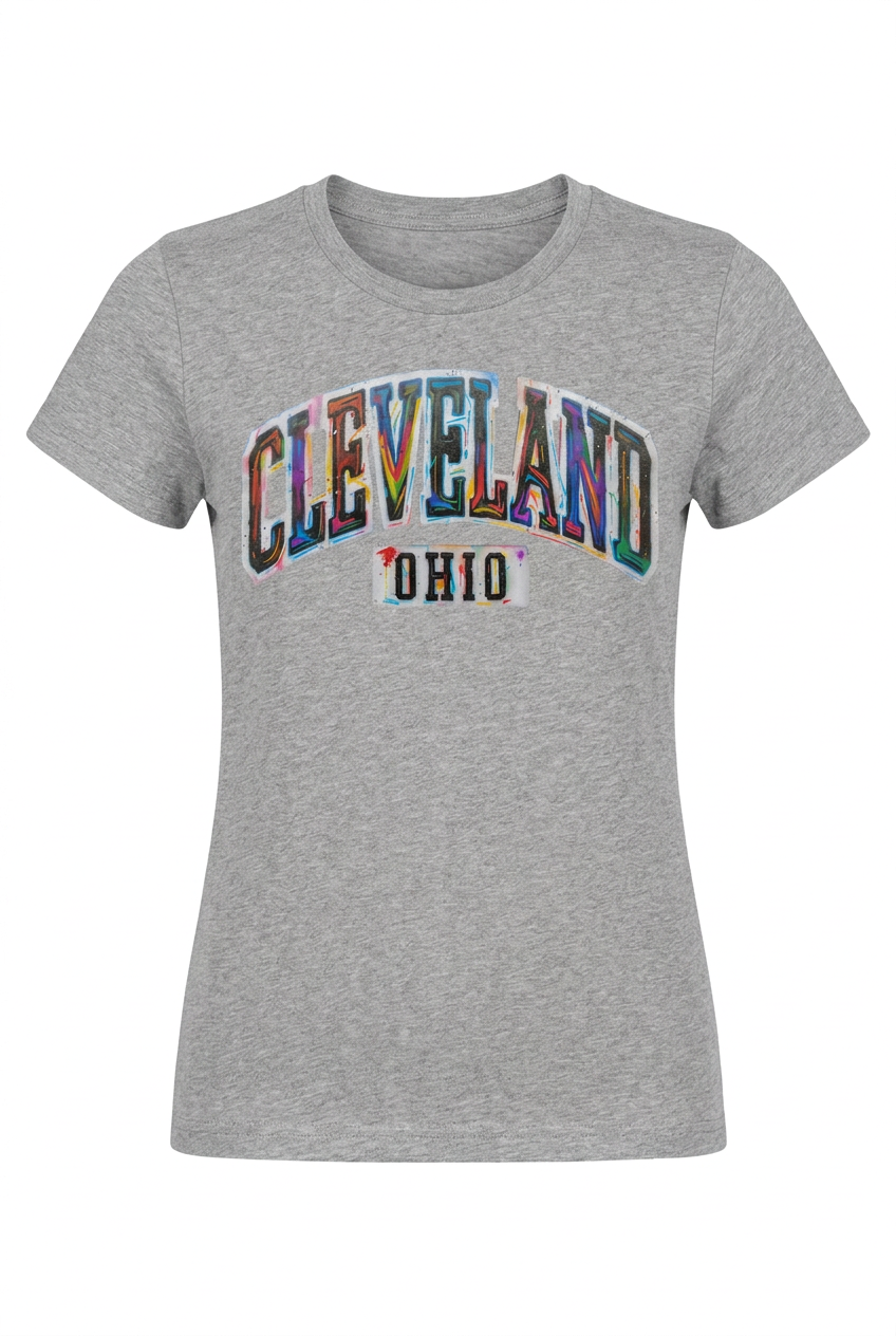 Cleveland Paint Splash on a gray women's short-sleeve T-shirt.