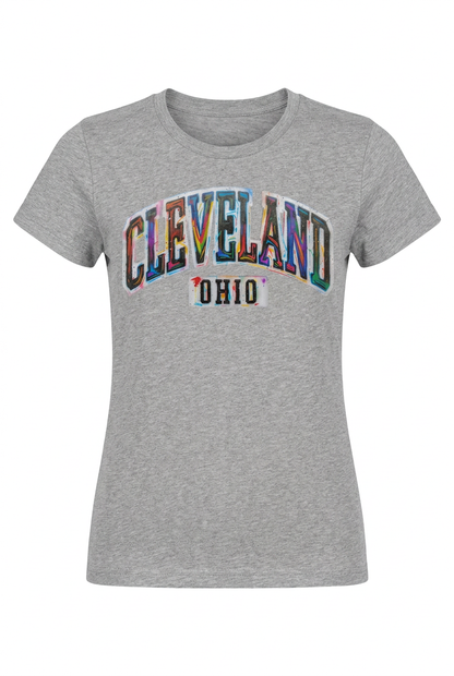 Cleveland Paint Splash on a gray women's short-sleeve T-shirt.