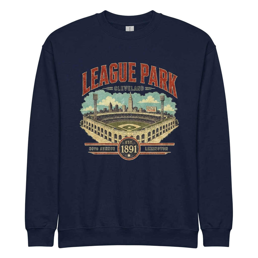 League Park retro Cleveland baseball design on navy crew sweatshirt