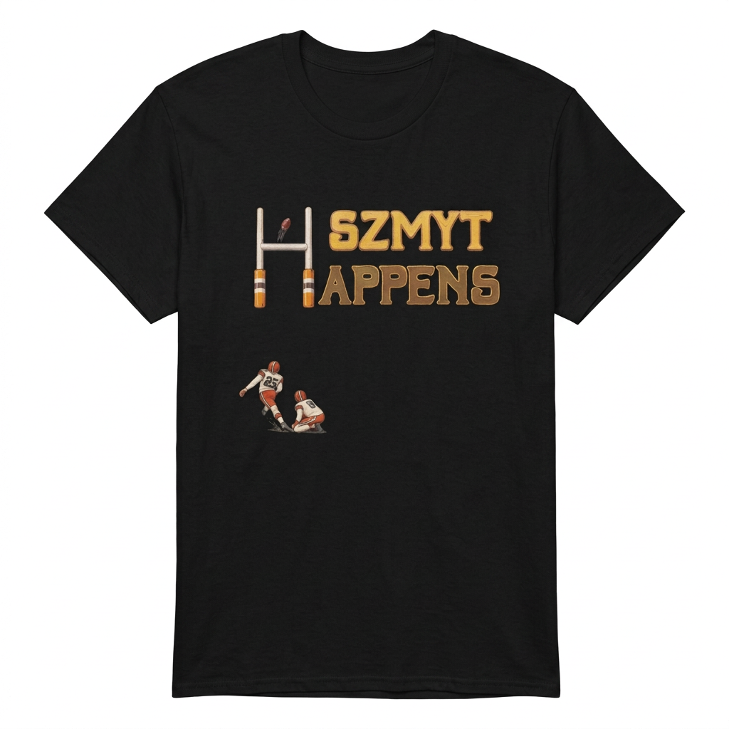 Szmyt Happens Cleveland football design on a black men's short sleeve T-shirt