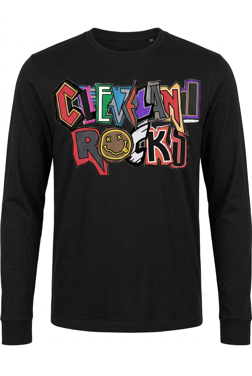 Black unisex long-sleeve T-shirt with colorful Cleveland Rocks lettering.