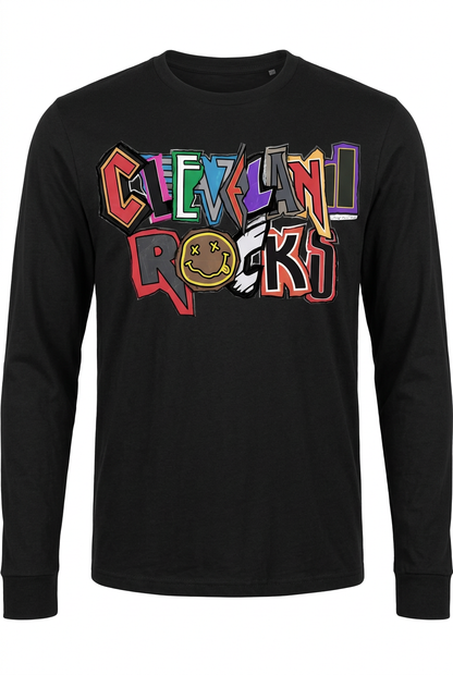 Black unisex long-sleeve T-shirt with colorful Cleveland Rocks lettering.