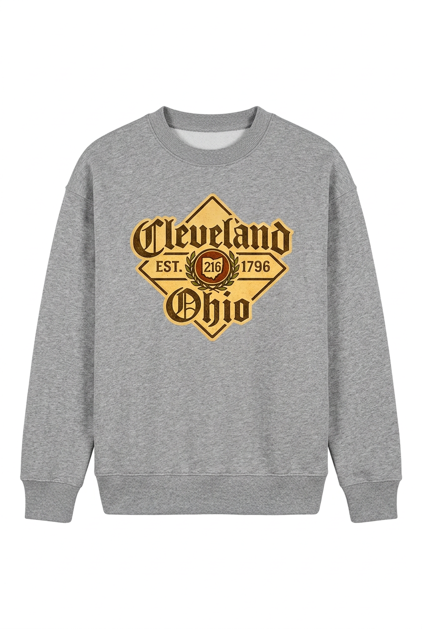 Cleveland Beer Label on a gray crewneck sweatshirt.