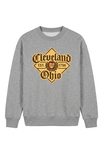 Cleveland Beer Label on a gray crewneck sweatshirt.