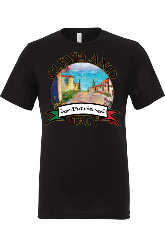 Cleveland Patria Italy design on a black men's short-sleeve T-shirt