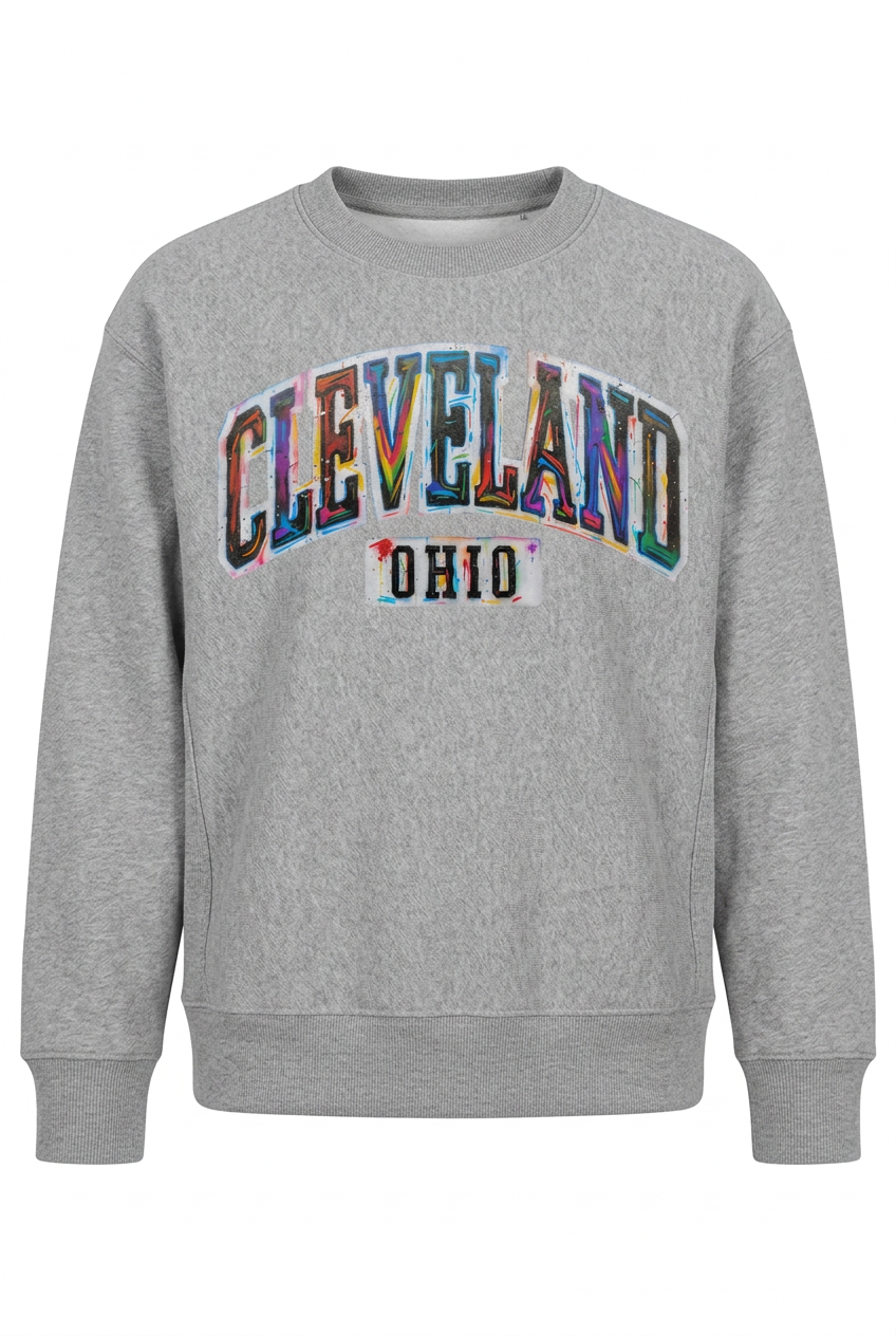 Cleveland Paint Splash on a gray crewneck sweatshirt.