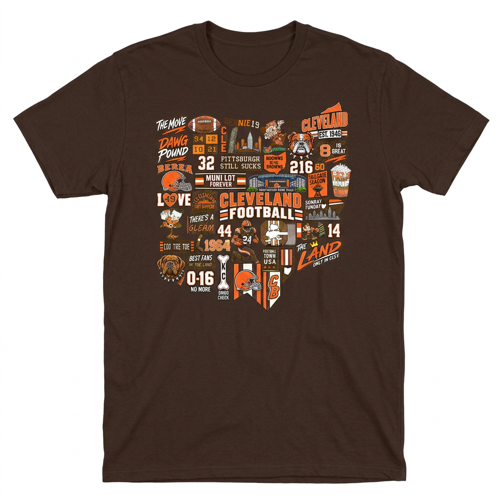 Cleveland football Ohio collage on brown men's short sleeve T-shirt