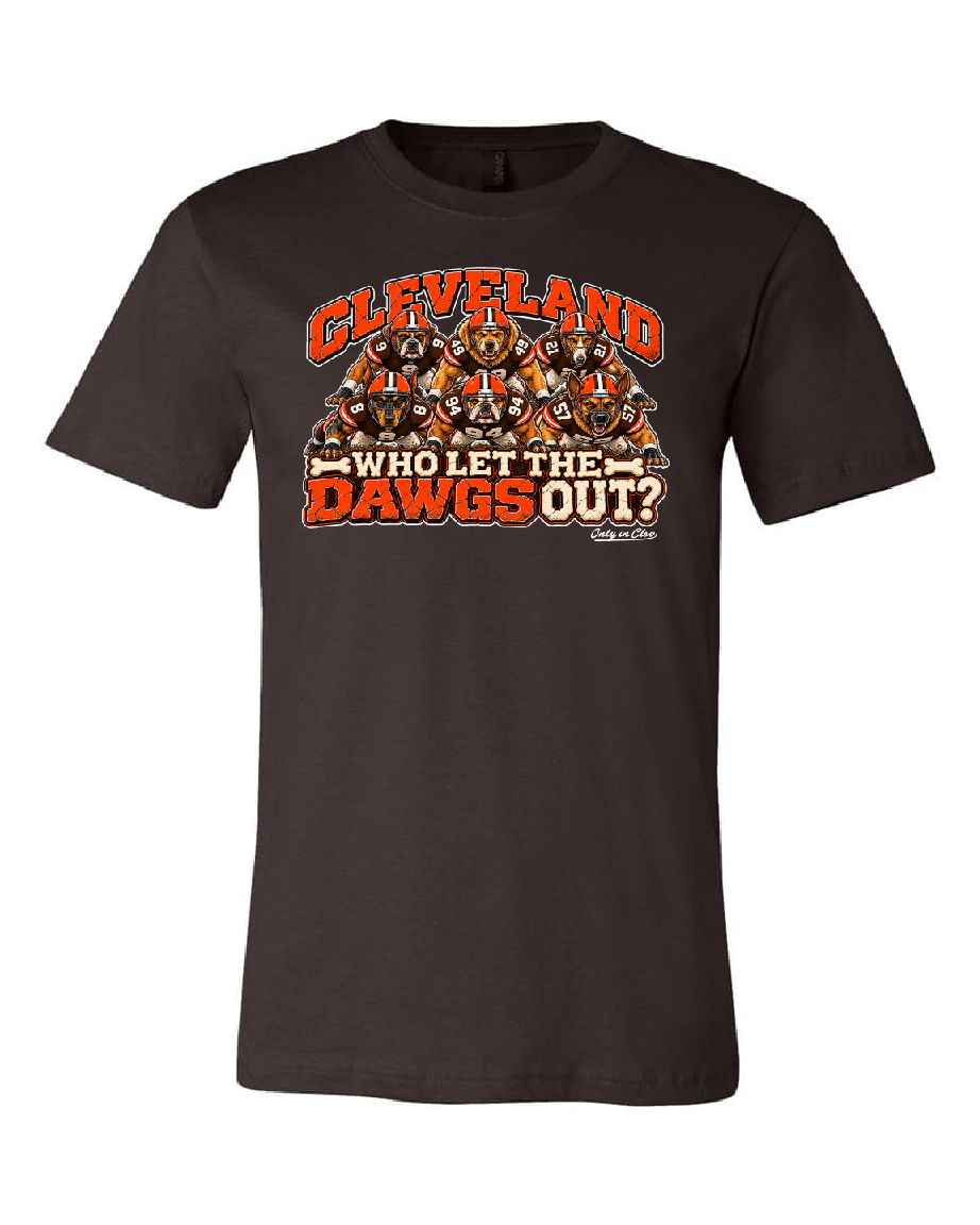 Who Let the Dawgs Out design on brown unisex short sleeve shirt