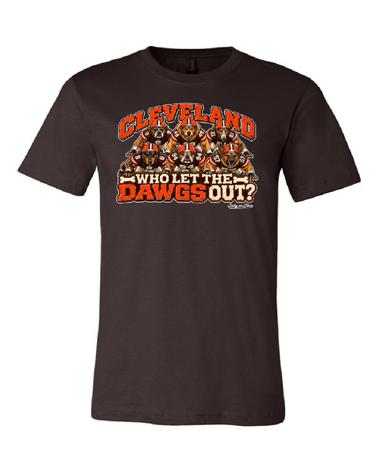 Who Let the Dawgs Out design on brown unisex short sleeve shirt