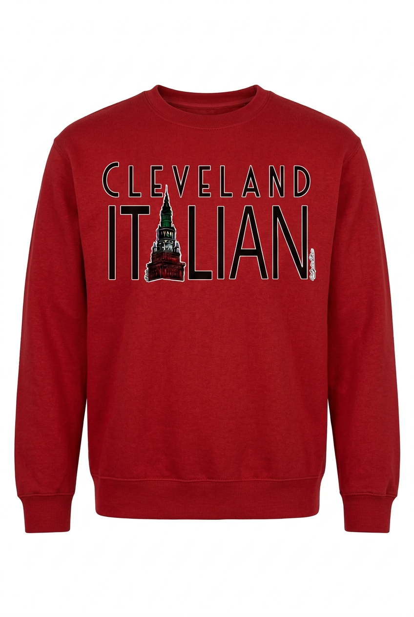 Cleveland Italian design on a red crewneck sweatshirt