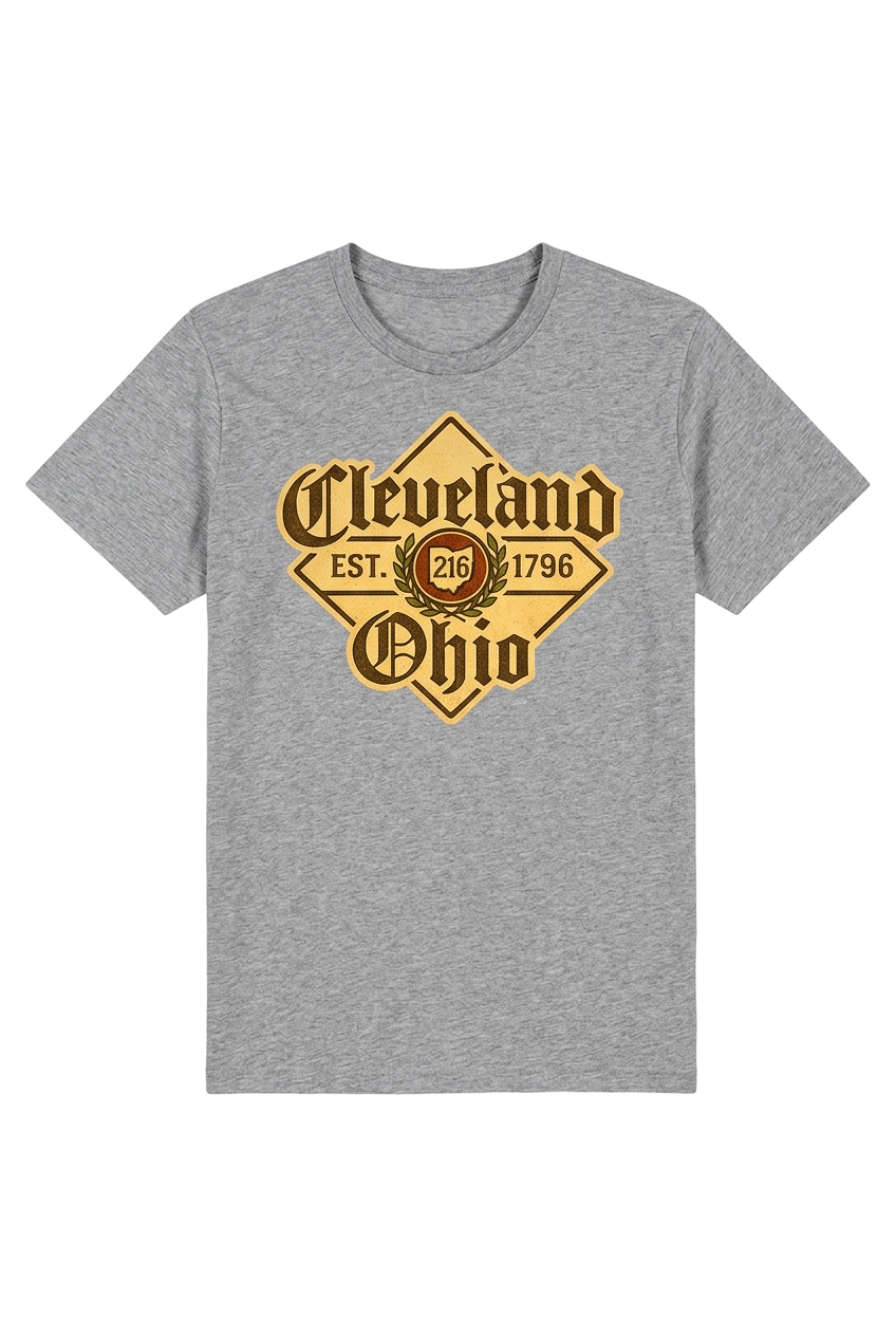 Cleveland Beer Label on a gray unisex short-sleeve T-shirt.