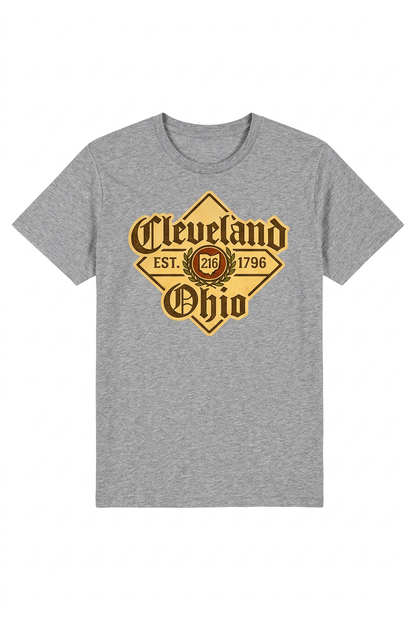 Cleveland Beer Label on a gray unisex short-sleeve T-shirt.