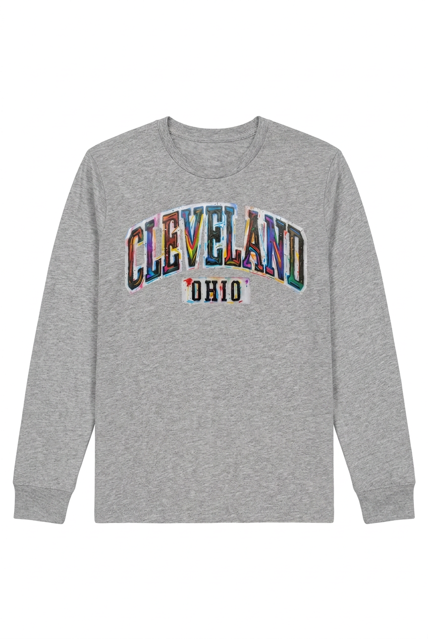 Cleveland Paint Splash on a gray unisex long-sleeve T-shirt.