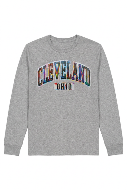 Cleveland Paint Splash on a gray unisex long-sleeve T-shirt.