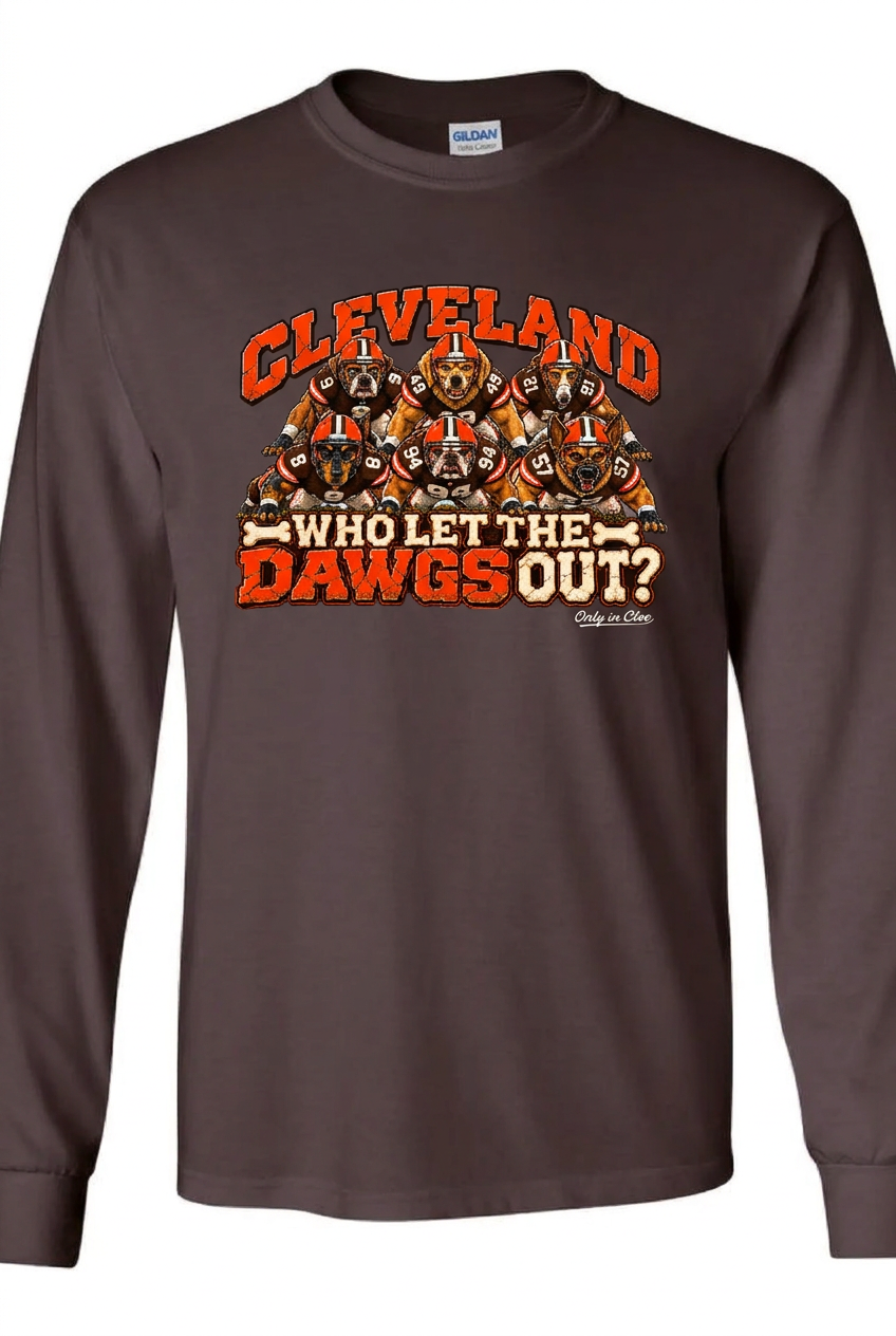 Who Let the Dawgs Out design on brown unisex long sleeve shirt