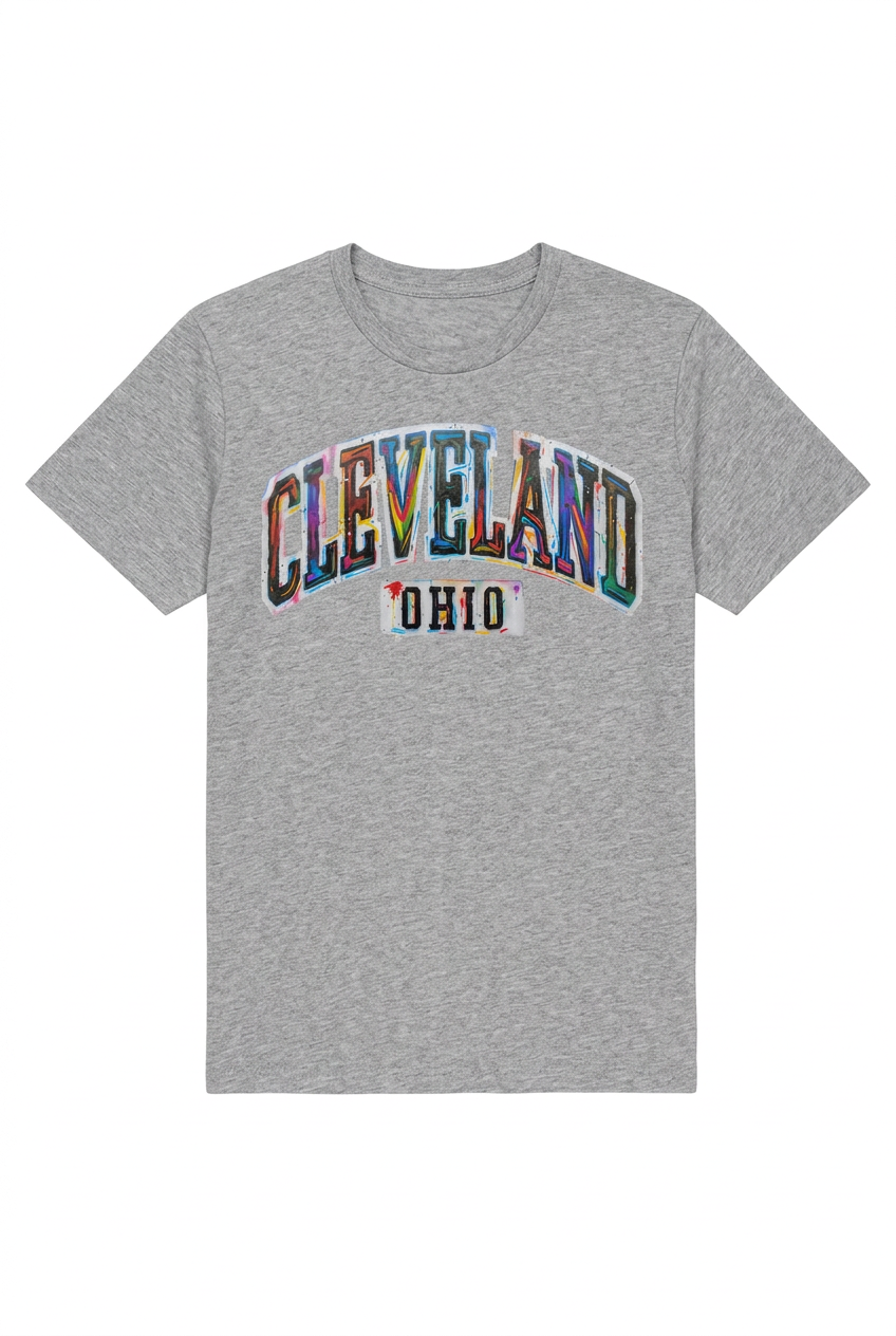 Cleveland Paint Splash on a gray unisex short-sleeve T-shirt.