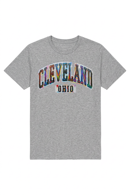 Cleveland Paint Splash on a gray unisex short-sleeve T-shirt.