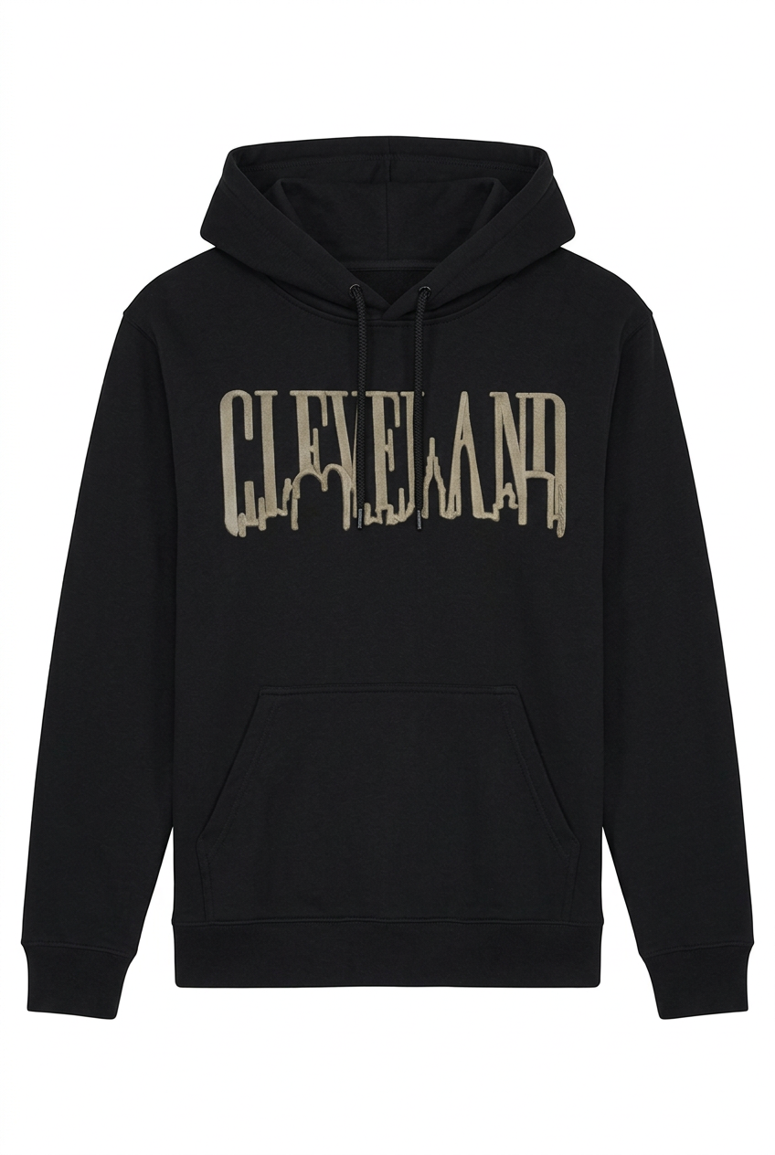Black pullover hoodie with taupe Cleveland Jagged Skyline lettering.