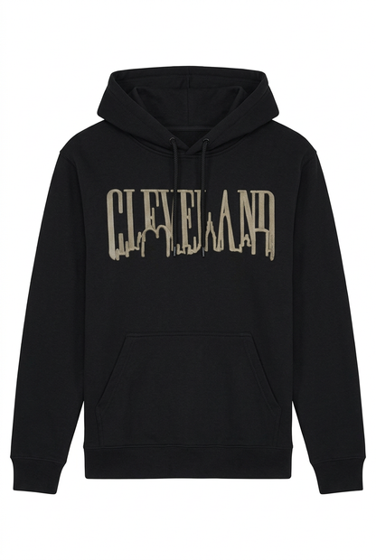Black pullover hoodie with taupe Cleveland Jagged Skyline lettering.