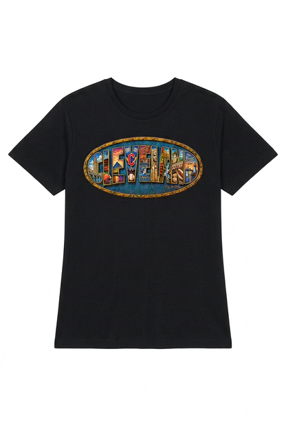 Black women's short-sleeve T-shirt with Cleveland oval chest design.