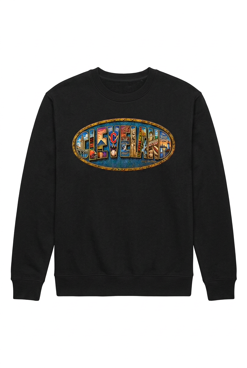 Black crewneck sweatshirt with Cleveland oval chest design.