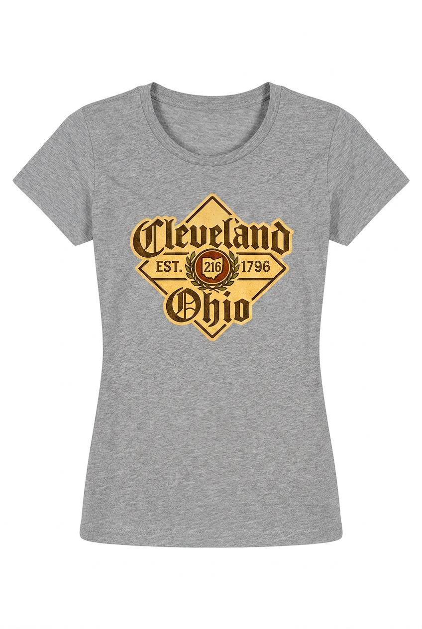 Cleveland Beer Label on a gray women's short-sleeve T-shirt.