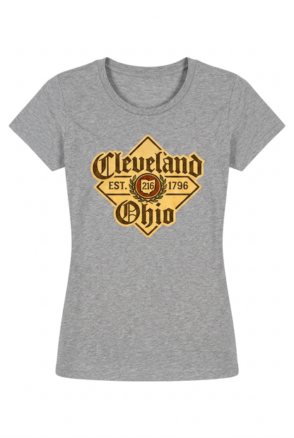 Cleveland Beer Label on a gray women's short-sleeve T-shirt.