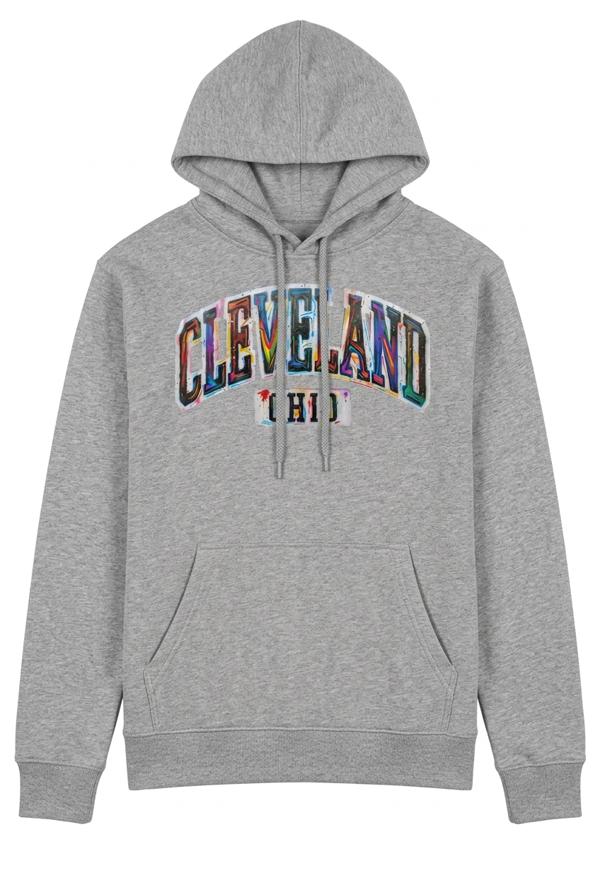 Cleveland Paint Splash on a gray pullover hoodie.