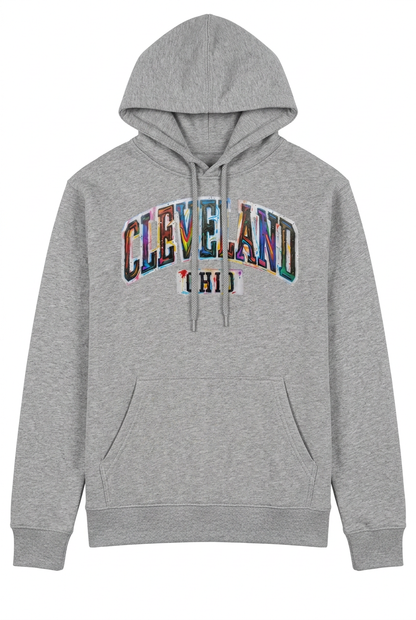 Cleveland Paint Splash on a gray pullover hoodie.